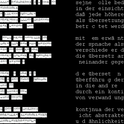 Screen capture from "Translation" by John Cayley. Black background with various segments of lines written in white. Text: "sejbe oli bed / in der einsicht / dab jede hohore / als ubersetzung / betr c tet werd / mit em erwa nt / der spnache als / verschiede er d / die ubersetz ar / neinander gege / d e uberset n / uberfuhru g der / in die and re . durch ein konti / von verwand ung / kontjnua der ve / icht abstrakte / u d anlihkeit."