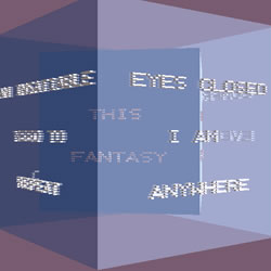 Screen caption of “open.ended” by Daniel C. Howe and Aya Karpinska. Translucent blue cube with white text on four sides.