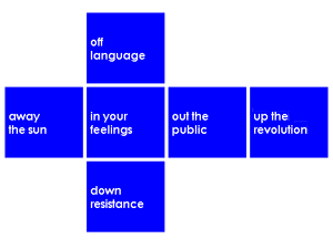 Screen capture of "Letter to Linus" by William Gillespie. Blue squares make the shape of a sideways cross. Text: "away the sun / off language / in your feelings / down resistance / out the public / up the revolution"