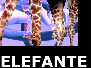 Screen capture from "Universo Molécula" by Isaías Herrero. Black background with an image of giraffes in a blue background on the uppermost part of the image. At the bottom there is a single word written on white text. Text: "ELEFANTE"