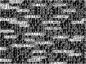Screen capture from “Endemic Battle Collage” by Geof Huth. Continuous stream of random letters with occasional grammatically correct words interspersed. White letters on black background, spelled words have inverted colors. Text: "Worse, after, havoc, opinion, place, graph, mister, wright, pattern, endemic, collage, basic, hope, scheme, thought, position, ocean, rhythm, dare, over, stamp, dervish, algorithm, pastel, gainloss, myste, words, layer, babel, design"