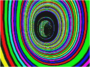 Screen capture from "Up Against the Screen Mother Fuckers" by Justin Katko. Tunnel-like image with a a color sequence that resembles that of a rainbow as the image delves deeper into the tunnel.