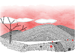 Screen capture from "The Sweet Old Etcetera" by Allison Clifford. Landscape with red skies, two white clouds, a withered tree and some hills composed of lines of text too small to read.
