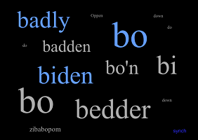 Screen caption of “Oppen Do Down” by Jim Andrews. Black background. Text in white and sky blue (badly, badden, bo, bo'n, etc.)
