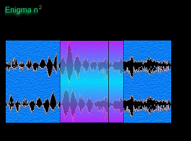 Screen capture from "“Enigma n2″ by Jim Andrews". Sound waves represented visually, with an area highlighted by a scrubber in the middle. Title of the poem at the top of the page.