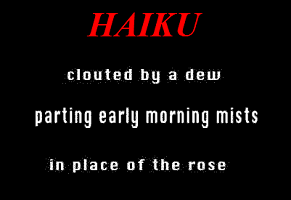 Screen capture from "Exquisite Corpse Poems" by Komninos Zervos. Red title and white text of varying fonts against a black background. Text: "HAIKU/clouted by a dew/parting early morning mists/in place of the rose/"