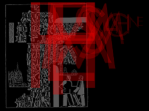 Screen capture from "I.M.PROMPT.U" by Duc Thuan. Red letters superimposed on each other to the point of illegibility over a black background with faint gray artwork. Text: "(illegible)"