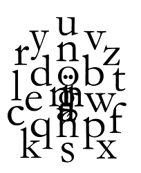 Screen capture from "Afeeld" by A. J. Patrick Liszkiewicz. White background with different letters like: "U / Y / V / Z / C / S / F /" The letters combine to form a stick figure."