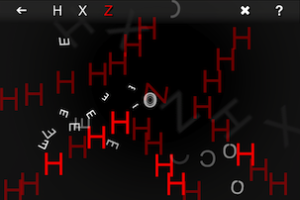 Screen capture of "Konsonant" by Jörg Piringer. Grey and red letters float across a dark screen. Text: "E E E E E E E E E / H H H H H H H H"