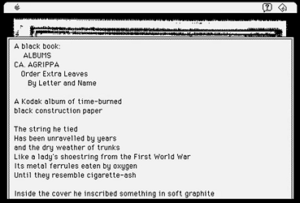 Screen capture from "Agrippa" (part 1 of 4) by William Gibson. White background with black font text. Text: "A Kodak album of time burned / black construction paper / The string he tied / Has been unravelled by years / and the dry weather of trunks / Like a lady's shoe strong from the first world war / its metal ferrules eaten by oxigen / Until the recently resemble cigarette-ash / inside the cover he inscribed something in soft graphite". 
