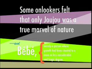 Screen capture from "3 Proposals for Bottle Imps" by William Poundstone. Black background with purple, grey, and green rectangles across screen. Text: "Some onlookers felt / that only Joujou was a / true marvel of nature / --and / Bébé / (four lines of text too small to read)"