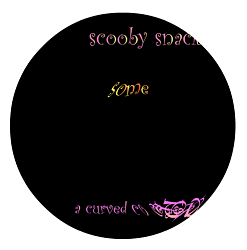 Screen shot from “Spam Poem for Paul Graham” by William Poundstone. Black background in the shape of a circle. Purple and orange text. Text: “Scooby snack/ some/ a curved”.