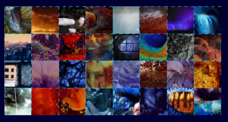 Screen capture from "Dissolution" by Zahra Safavian. Grid of color-altered thumbnails displaying natural and urban scenes. Grid is divided by dotted blue lines.