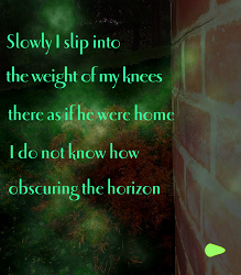 Screen capture from “Firefly” by Deena Larsen. Photograph of a brick wall at nighttime, overlaid with bright green text. Text: "Slowly I slip into/the weight of my knees/there as if he were home/I do not know how/obscuring the horizon/"