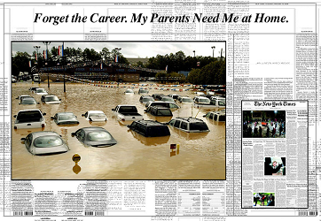 Screen capture from "All the News that's Fit to Print" by Jody Zellen. The image looks like the page of a newspaper with the image of a flood in a parking lot and a headline which says: "Forget the career. My parents need me at home".