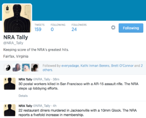 Tweets Following Followers 159 0 24 NRA Tally @NRA_Tally Keeping score of the NRA's greatest hits. Fairfax, Virginia everyadage Kathi Inman Berens Brett O'Connor Alex Gil Followed by everyadage, Kathi Inman Berens, Brett O'Connor and 2 others. NRA Tally ‏@NRA_Tally 38m 30 postal workers killed in San Francisco with a AR-15 assault rifle. The NRA steps up lobbying efforts. Details NRA Tally ‏@NRA_Tally 4h 22 restaurant diners murdered in Jacksonville with a 10mm Glock. The NRA reports a fivefold increase in membership.