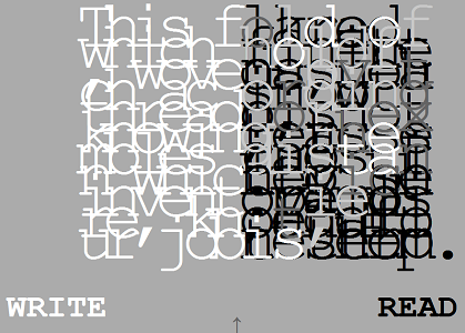 Screen capture from "Alphabet of Stars" by Whitney Anne Trettien. Gray background with a bunch of mashed up letters in white and black and two words at the bottom. Text: Write. Read.