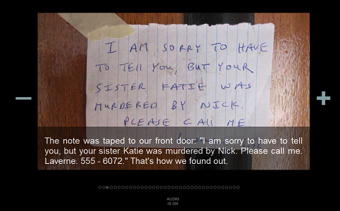 Screen capture from "In a World Without Electricity" by Alan Bigelow. A handwritten note taped to a door. Text: "The note was taped to our front door: 'I am sorry to have to tell / you, but your sister Katie was murdered by Nick. Please call me. / Laverne. 555 - 6072.' That's how we found out."