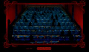 Screen capture from"10:01" by Lance Olsen and Tim Guthrie. Black background with a picture frame that has the image of a theather with the audience getting to their seats and others sitting down. The audience are silhouttes in complete black colors.