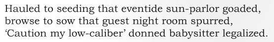 screen capture from "Algorithmic Poems" by Chris Funkhouser. White background with black font text. Text: Hauled to seegin that eventide sun-parlor goaded, / browse to sow that guest night room spurred / Caution my low-caliber donned babysitter legalized". 