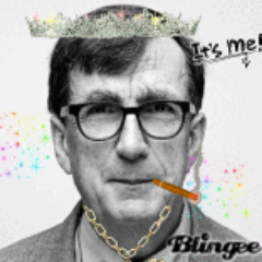 Bruno Latour getting the Blingee treatment, with a crown, chain, and a lit cigarrette photoshopped onto his lips.