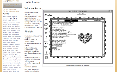 Screen capture of "Marble Springs 3.0" by Deena Larsen (part 2 of 4). A window in the Marble Springs website describes some of the town's past inhabitants. Text: "Lottie Horner / What we know / (too small to read) / Firelight / Pastor Horner forbade his daughter to attend dances in Jenson's barn. Or anywhere else for that matter. Lottie went anyway, he smile-filled eyes (rest of lines too small to read)"