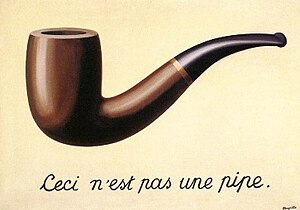 Beige background with a smoking pipe on it and a line of text written under the smoking pipe. Text: "Ceci n'est pas une pipe."