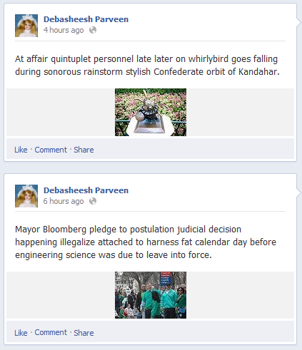 Screen capture from the “Debasheesh Parveen” and “Ariadna Alfil” facebook accounts created by Eugenio Tisselli. Text: "At affair quintuplet personnel late later on whirlybird goes falling during sonorous rainstorm stylish Confederate orbit of Kandahar."