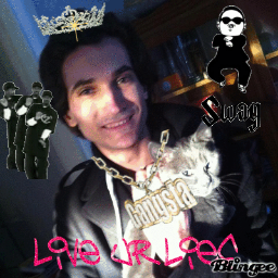 A picture of Ben Abraham getting the Blingee image altering treatment, complete with the words "Swag" and the phrase "Live UR lies" as well as a crown and gold chain that says "Gangsta."