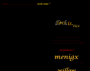 Screen capture of "Fleshis.tics" by Mez Breeze. Red and yellow font over black background. Text: "fleshis.tics / meningx"