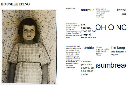 Screen capture of "Larvatus Prodeo" by Braxton Soderman and Roxanne Carter. A little girl stands in a corner looking, as if being reprimanded by her mother. Text: "OH O NO / are nearest... Then do not grasp at stars / rumble / murmur / made on your own accord, but also those made / keep doing this keep doing this keep doing this"