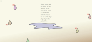 Screen capture of "Into the Green Green Mud" by Eric A. Meyer. A puddle is displayed as colorful raindrops fall to its sides. Text: "(too small to read)"
