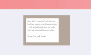 Screen capture of "Into the Green Green Mud" by Eric A. Meyer. Pink strip on the top side of the picture; a note contains text in the center. Text: "(five lines too small to read)"