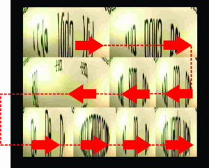 Screen capture of "Memory" by Alckmar Luiz dos Santos and Gilbertto Prado. The order in which the distorted poem should be read is shown. Text: "(still illegible)"