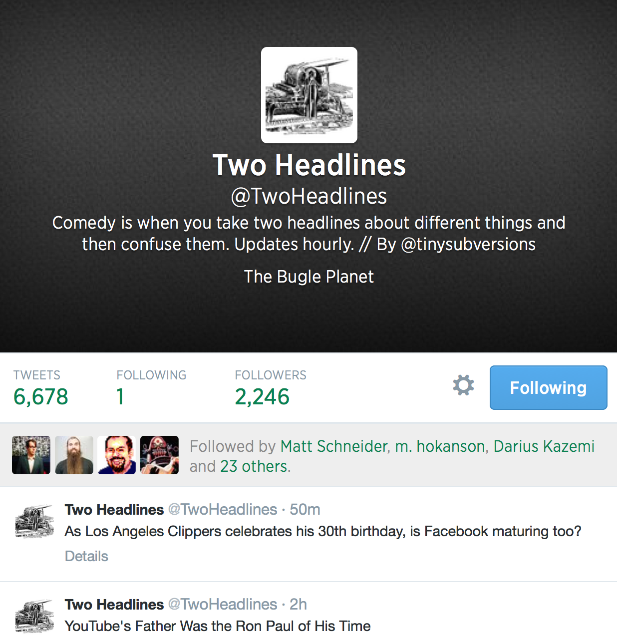 Juxtaposition Bots: @TwoHeadlines, @oneiropoiesis, and @AndNowImagine