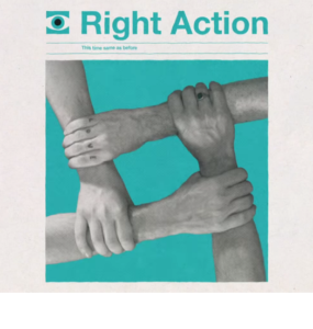 Screen capture from "Right Action" by Franz Ferdinand. Cyan background with four grey arms holding each other to form a square. Text: "Right Action"